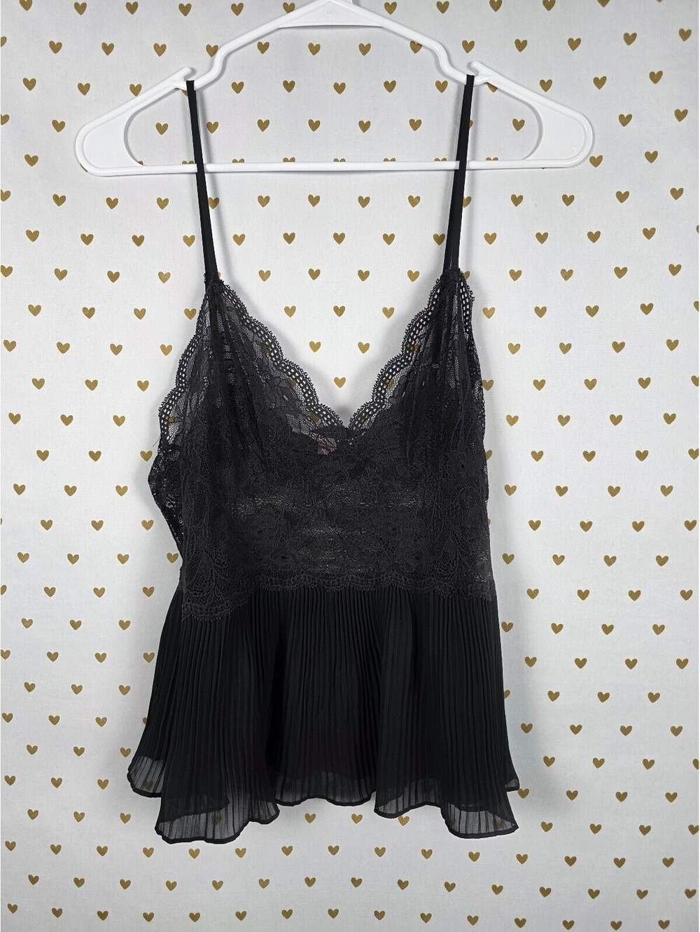 Victorias Secret Black Vintage Sexy Pleated Lace Tank Top Babydoll large